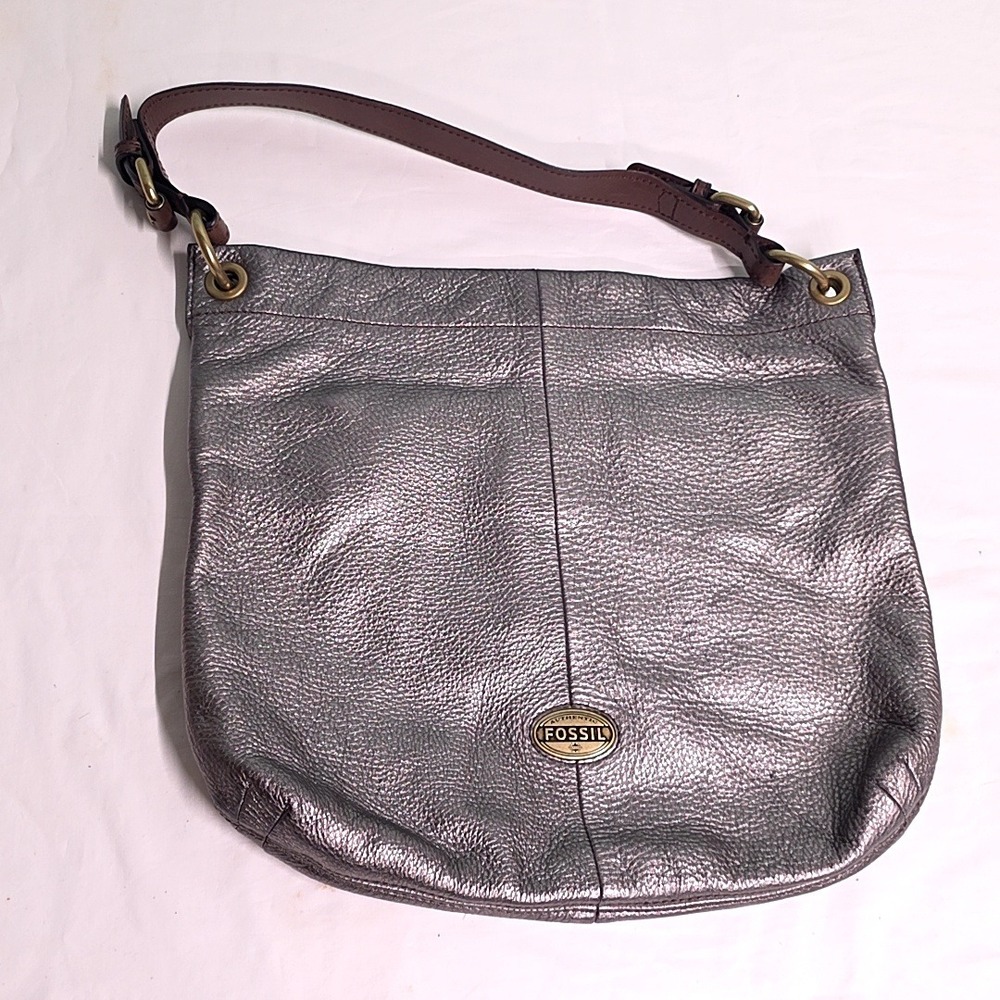Fossil Hobo Bag Womens Large Metallic Pewter Leather Shoulder Purse